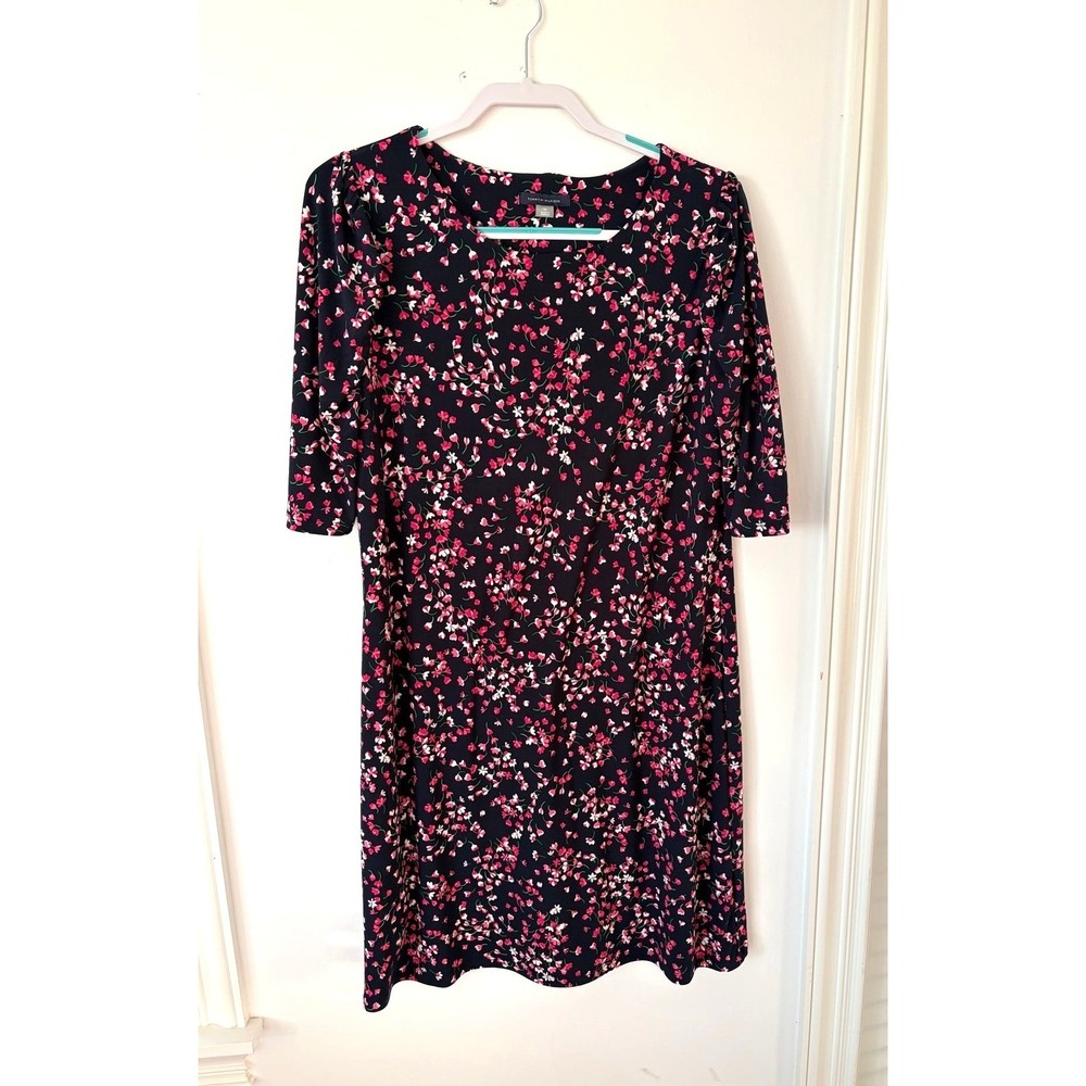Tommy Hilfiger Navy Pink Floral Stretch Sheath Dress Womens Size 16